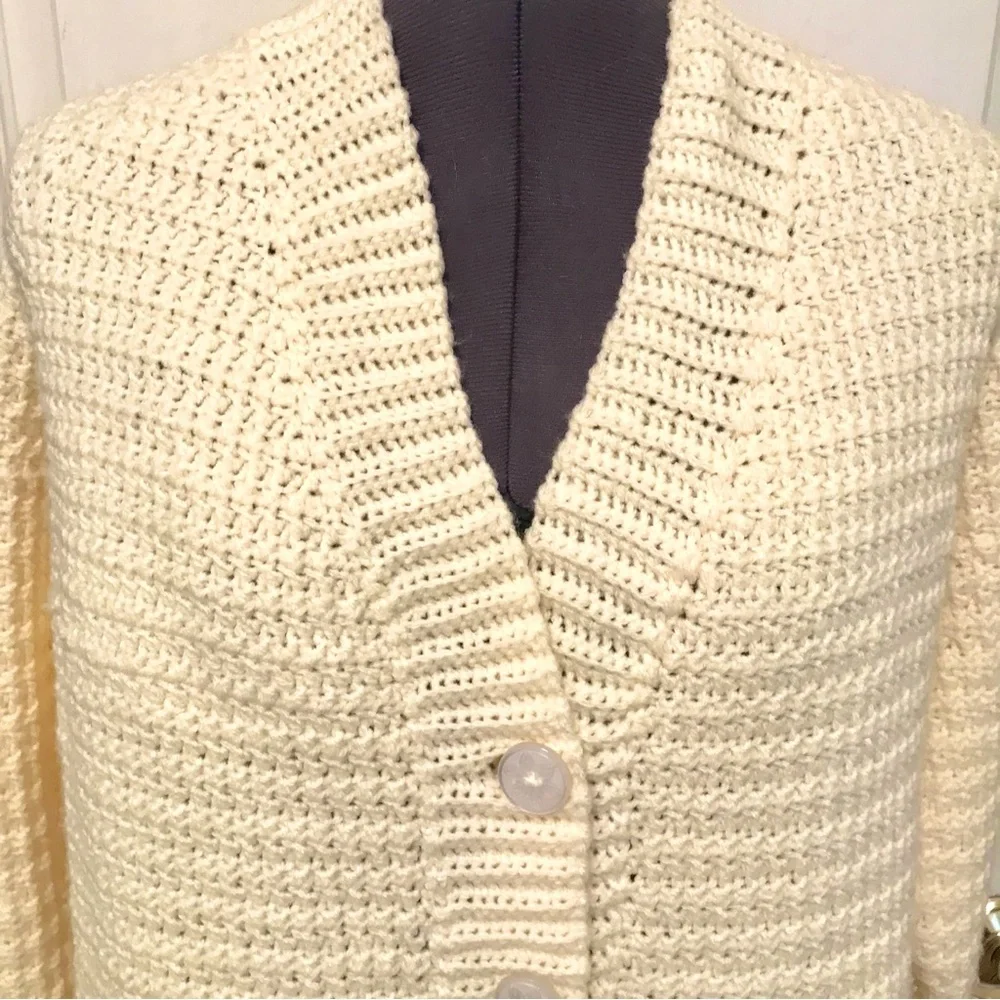 Hand-Made Crocheted Ivory Chunky Knit Cardigan Sweater
